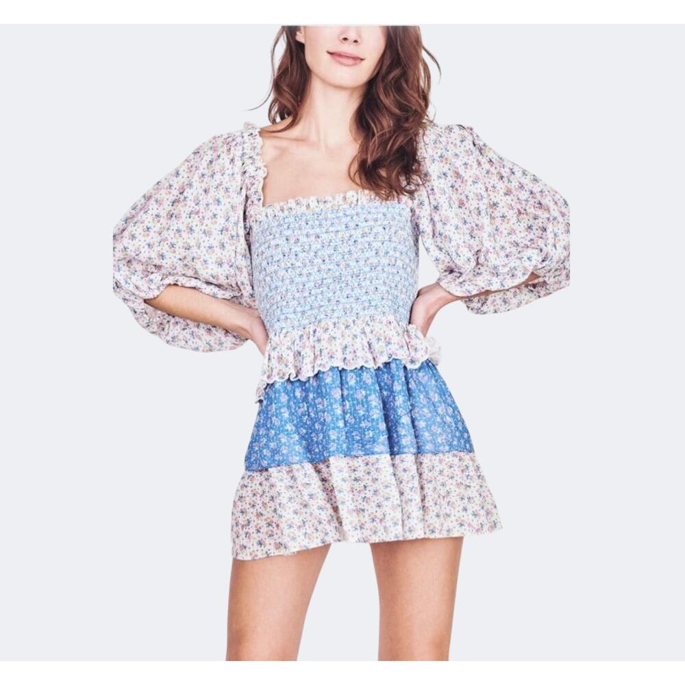 LoveShackFancy NWOT Shaw Large Blue Micro Mini Dress Floral Tiered Tunic - Picture 2 of 16